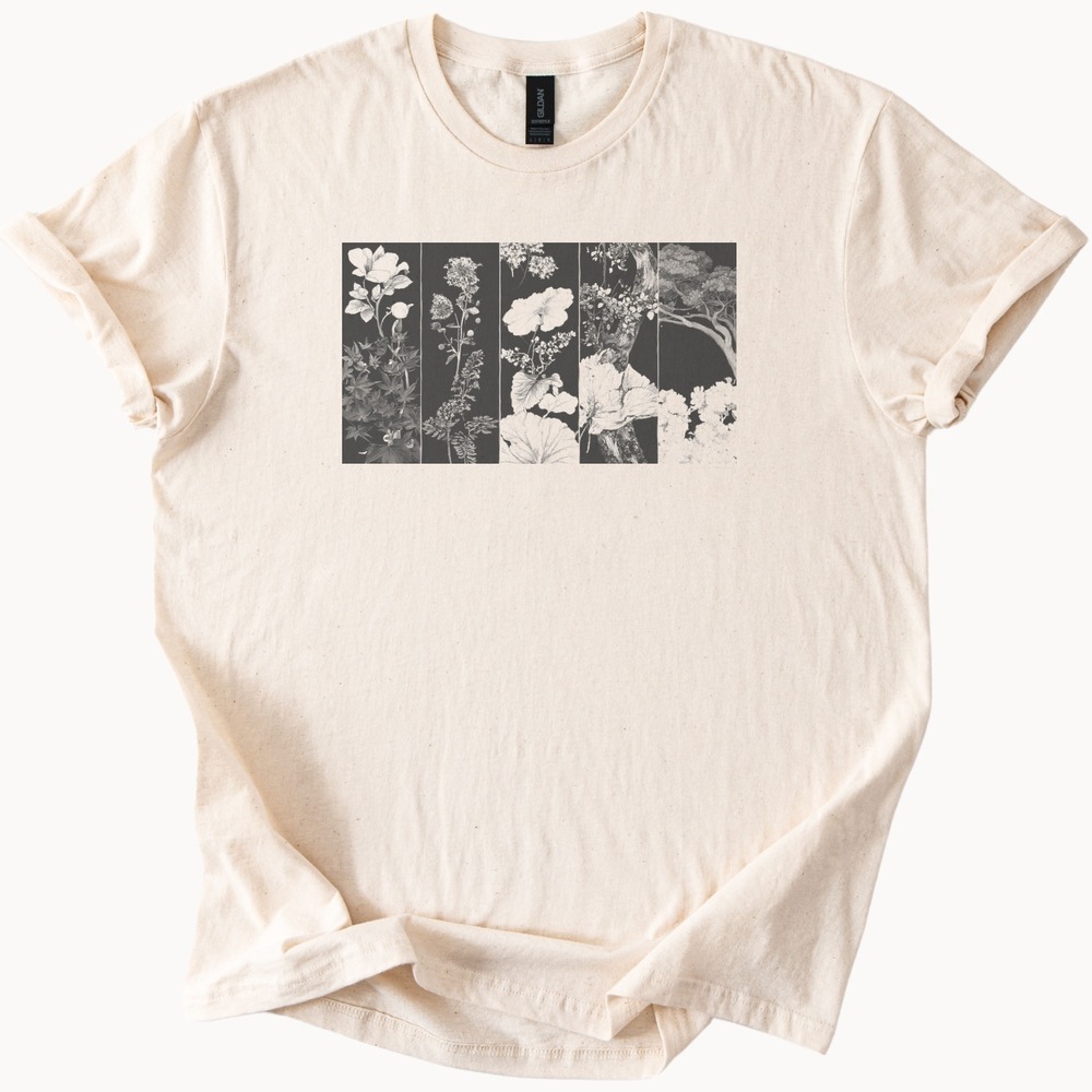 Five Botanical Specimens Across Dramatic Black Panels Tee